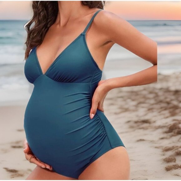 Cupshe Maternity One-Piece Swimsuit Medium Blue V-Neck Ruched Tummy Support - Picture 2 of 10